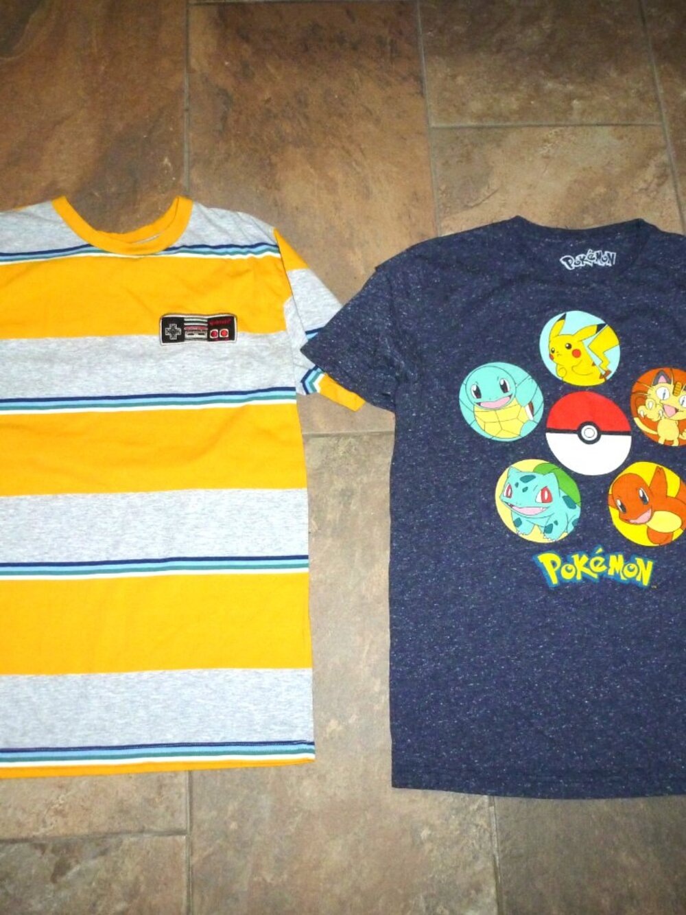 Lot 2 men small t shirts =Pokemon Pikachu speckled + Nintendo stripe vintatge